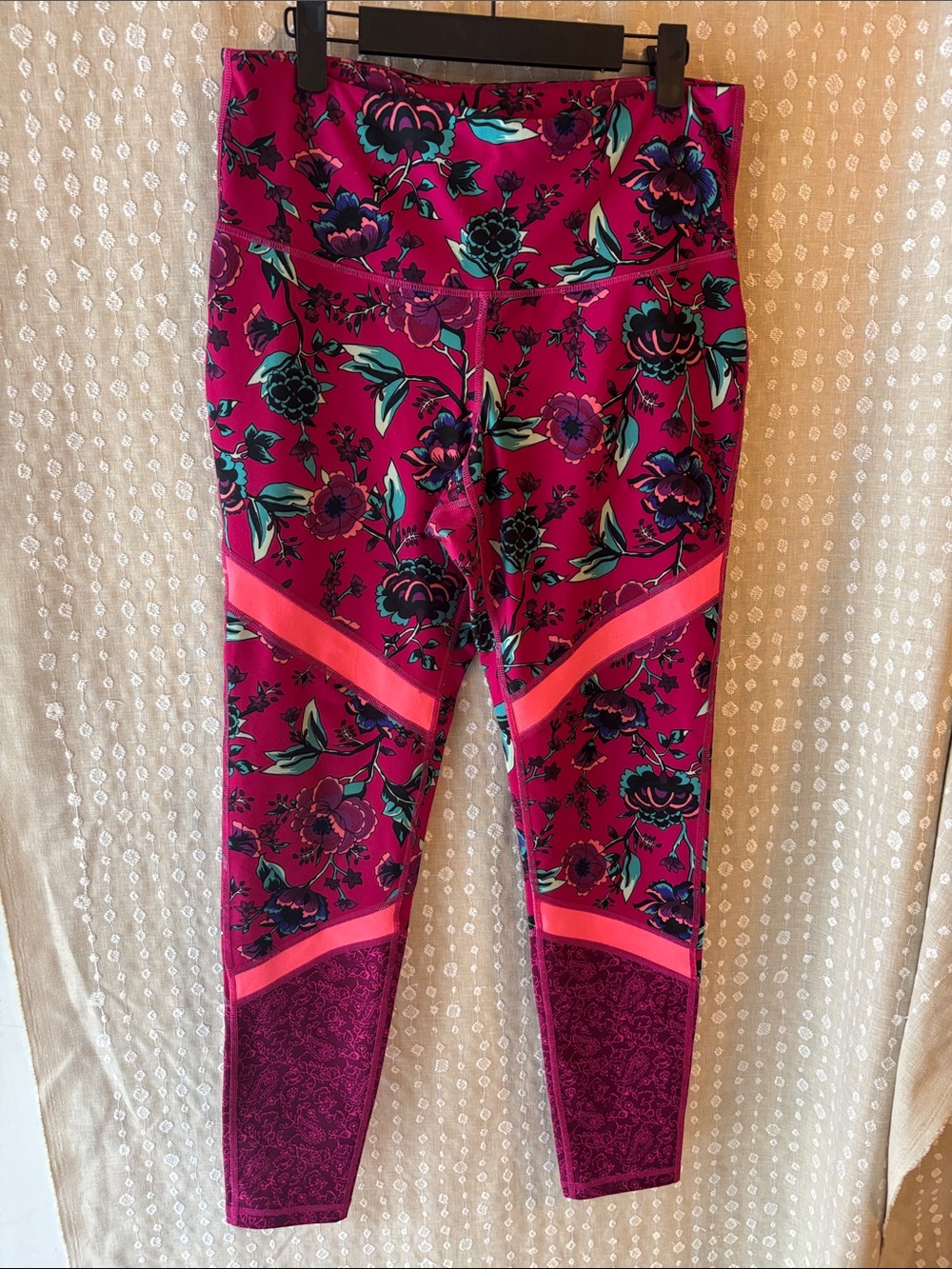Old Navy Magenta Floral Leggings with Teal Floral Accents and Pink Panels